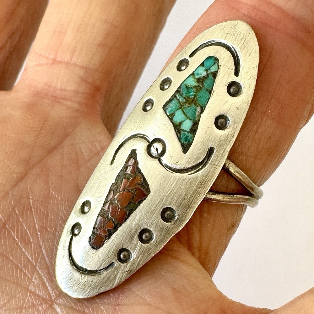 Vtg Navajo Chip Inlay Ring Sz 7.5 Harvey Era Long Sterling Marquis MCM Native